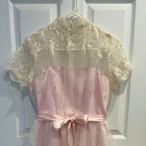 VTG 80s Party Tea Dress Women 5/6 Bridesmaid Chiffon Pink Cream Easter Prom